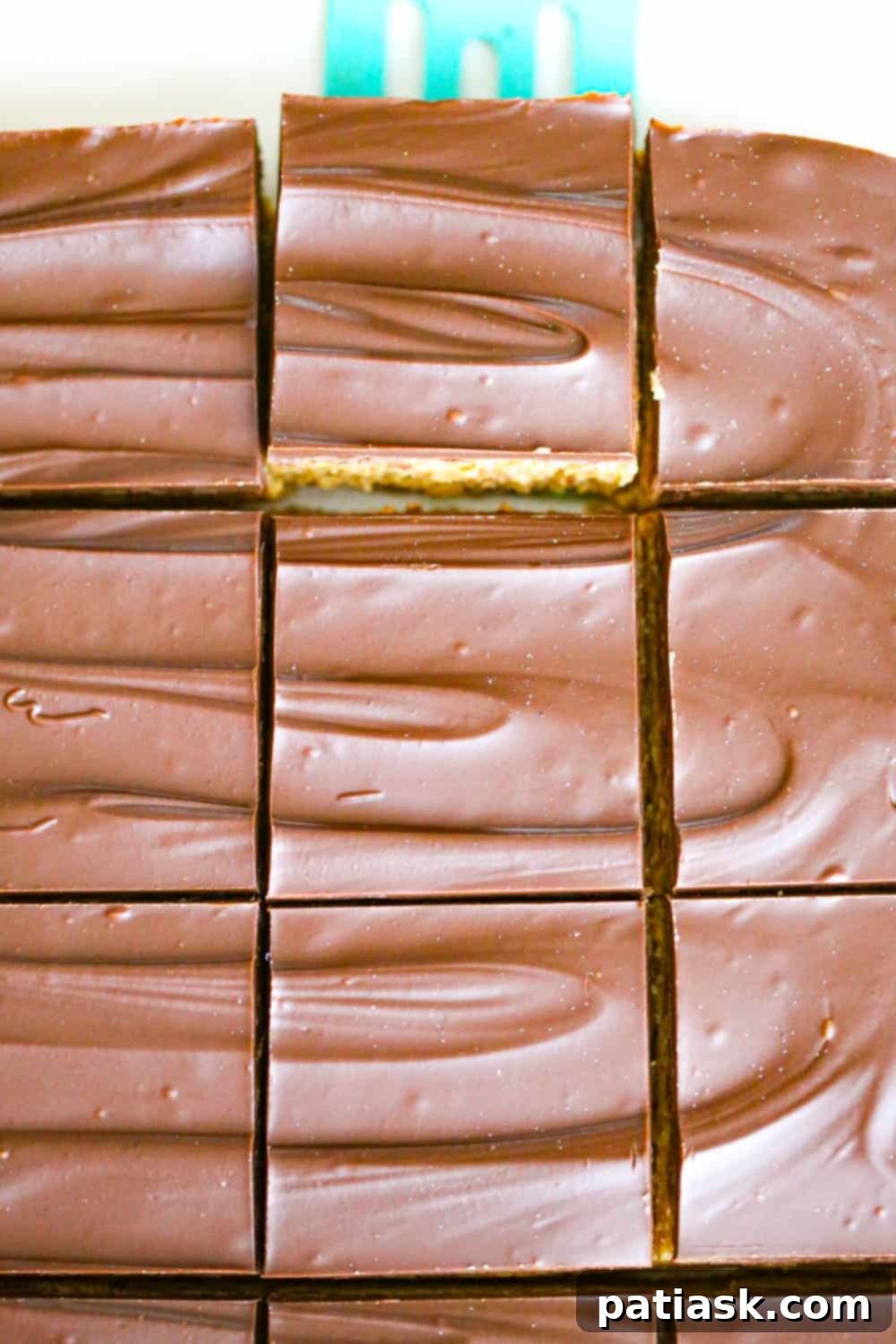 Easy 5-Ingredient Peanut Butter Bars 5 A tray of freshly cut no-bake peanut butter bars ready to be served