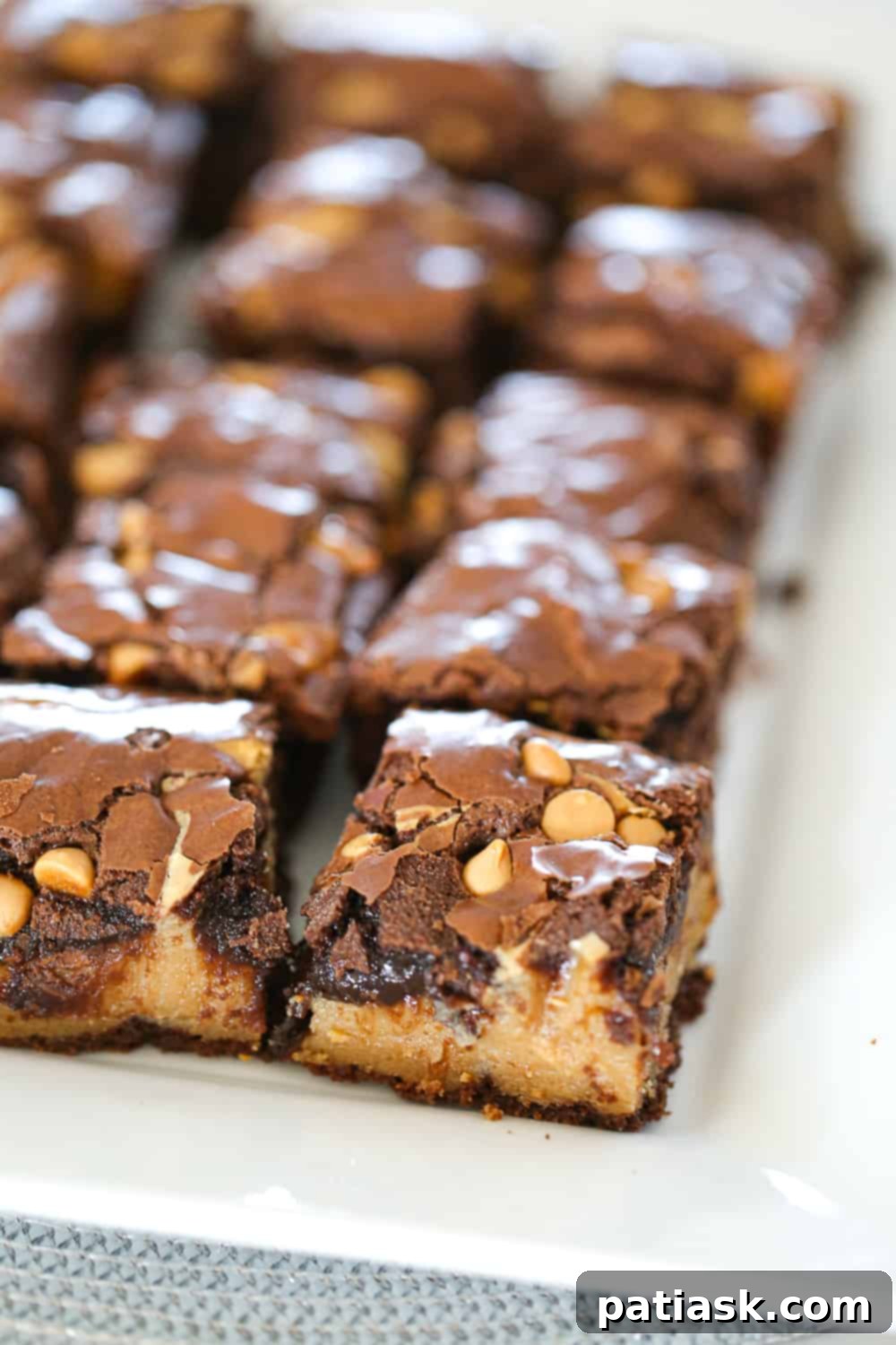 Rich and Gooey Buckeye Brownie Bars 4 Sliced rich and fudgy ooey gooey buckeye brownie bars showing the distinct peanut butter layer