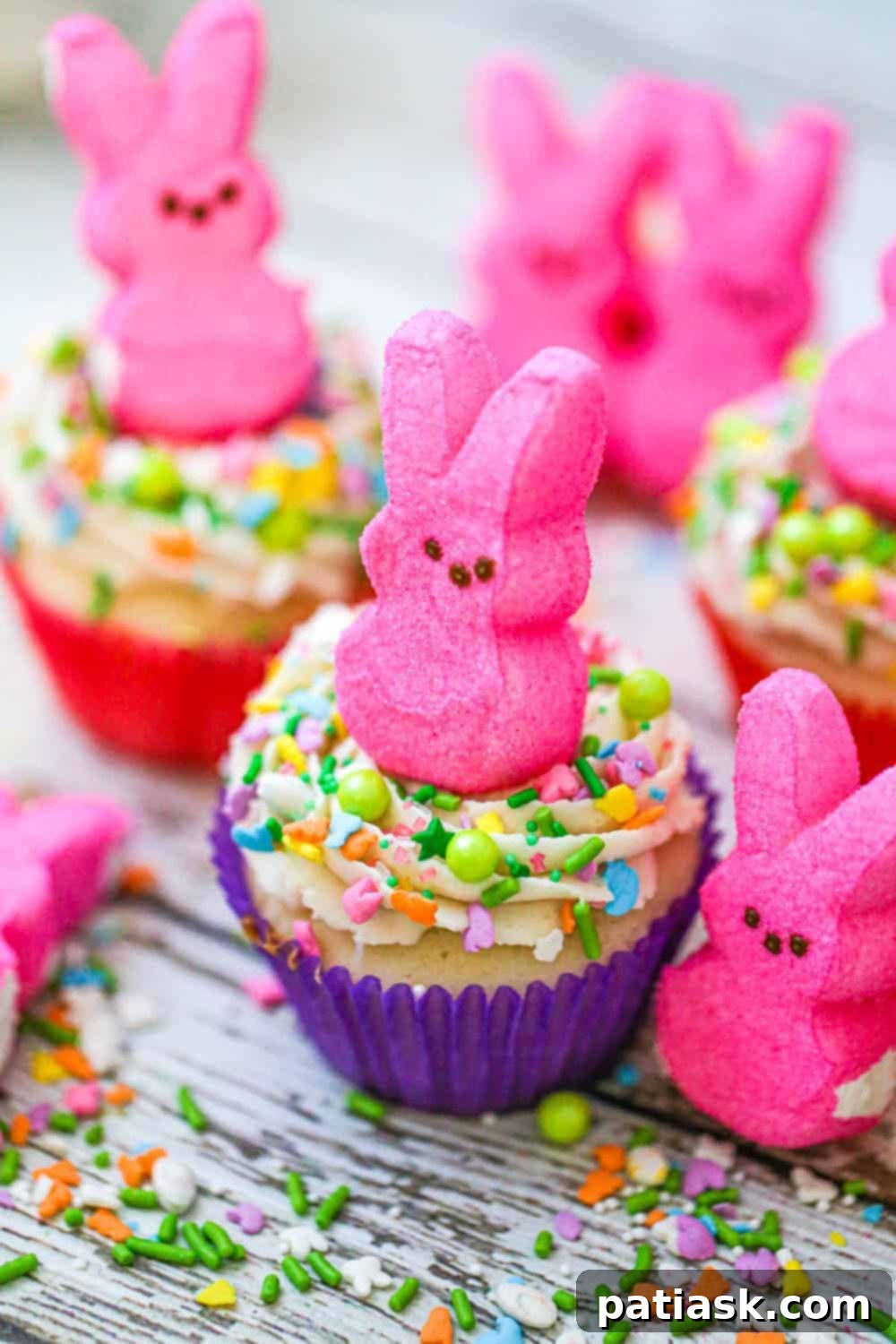 Springtime Peep Bunny Cupcakes 2 Close-up of a decorated Easter Bunny Peep cupcake with pastel frosting and sprinkles