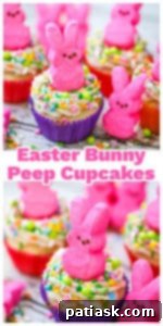 Springtime Peep Bunny Cupcakes 9 Top-down view of a single Easter Bunny Peep cupcake with white frosting and colorful sprinkles