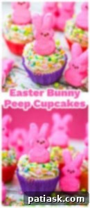 Springtime Peep Bunny Cupcakes 8 Two Easter Bunny Peep cupcakes with green frosting and chocolate eggs, presented on a wooden board