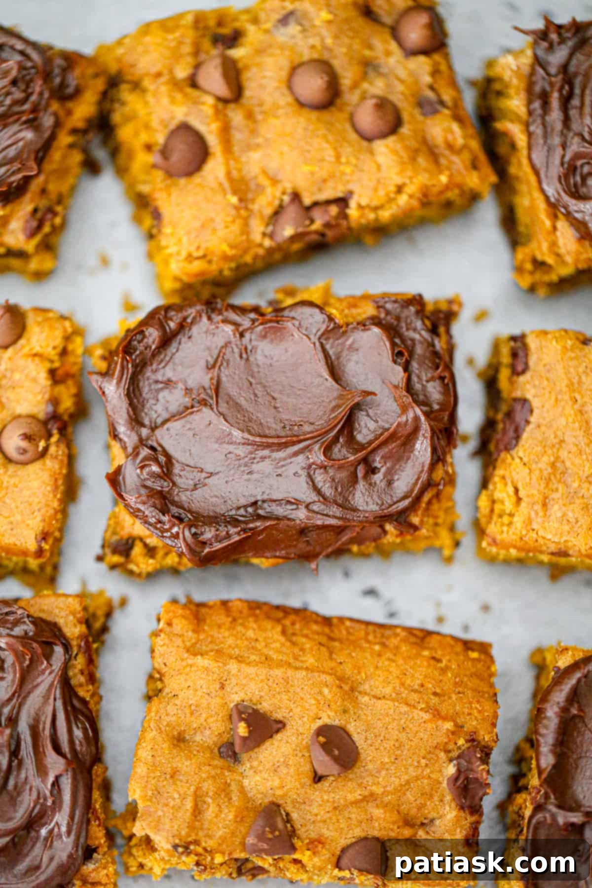 Autumn Spiced Chocolate Pumpkin Squares 5 pumpkin chocolate chip bars frosting frosted recipe