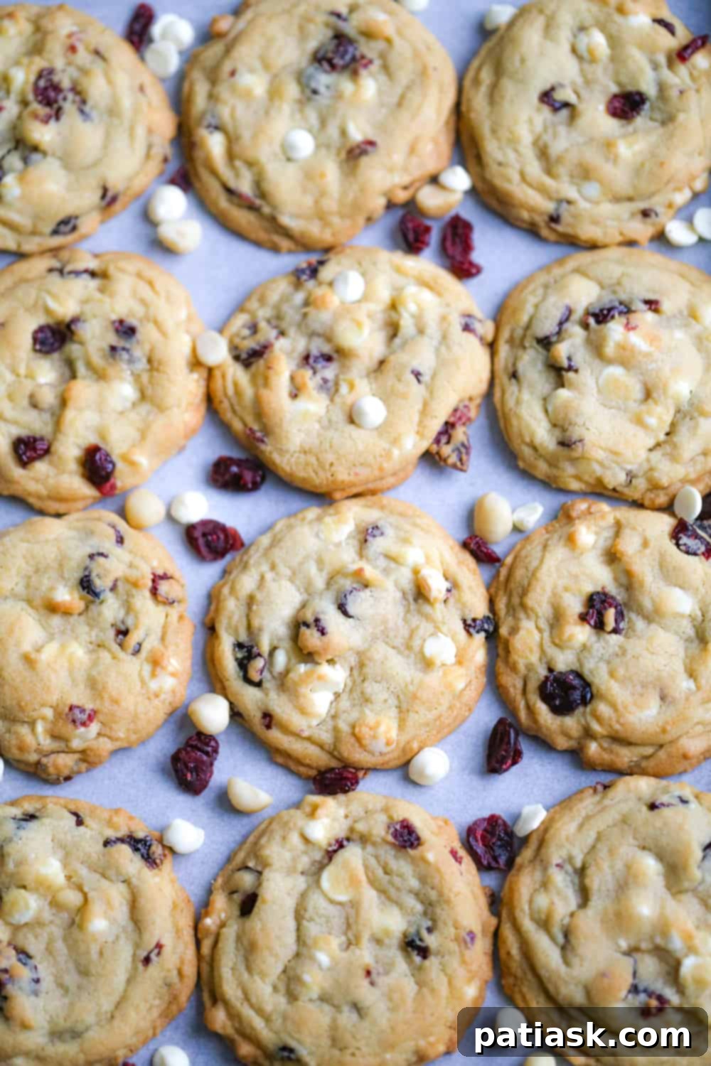 Irresistible White Chocolate Cranberry Cookies 3 Close-up of freshly baked White Chocolate Cranberry Cookies on a cooling rack.