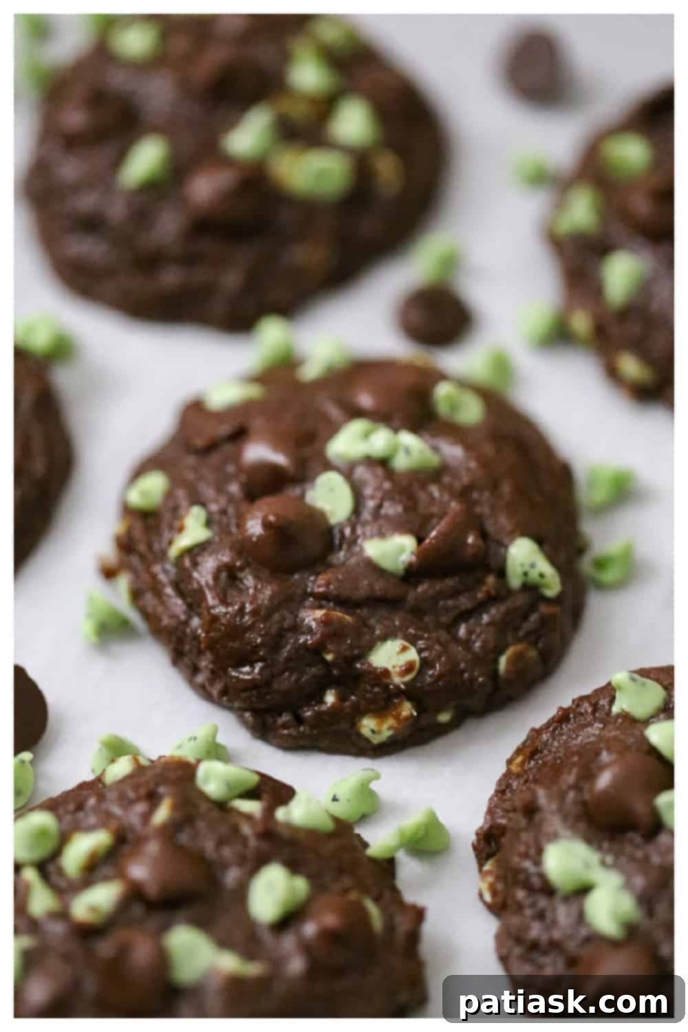 Irresistible Soft Batch Chocolate Mint Chip Cookies 6 Close-up of a festive holiday cookie platter featuring Soft Batch Chocolate Mint Chip Cookies