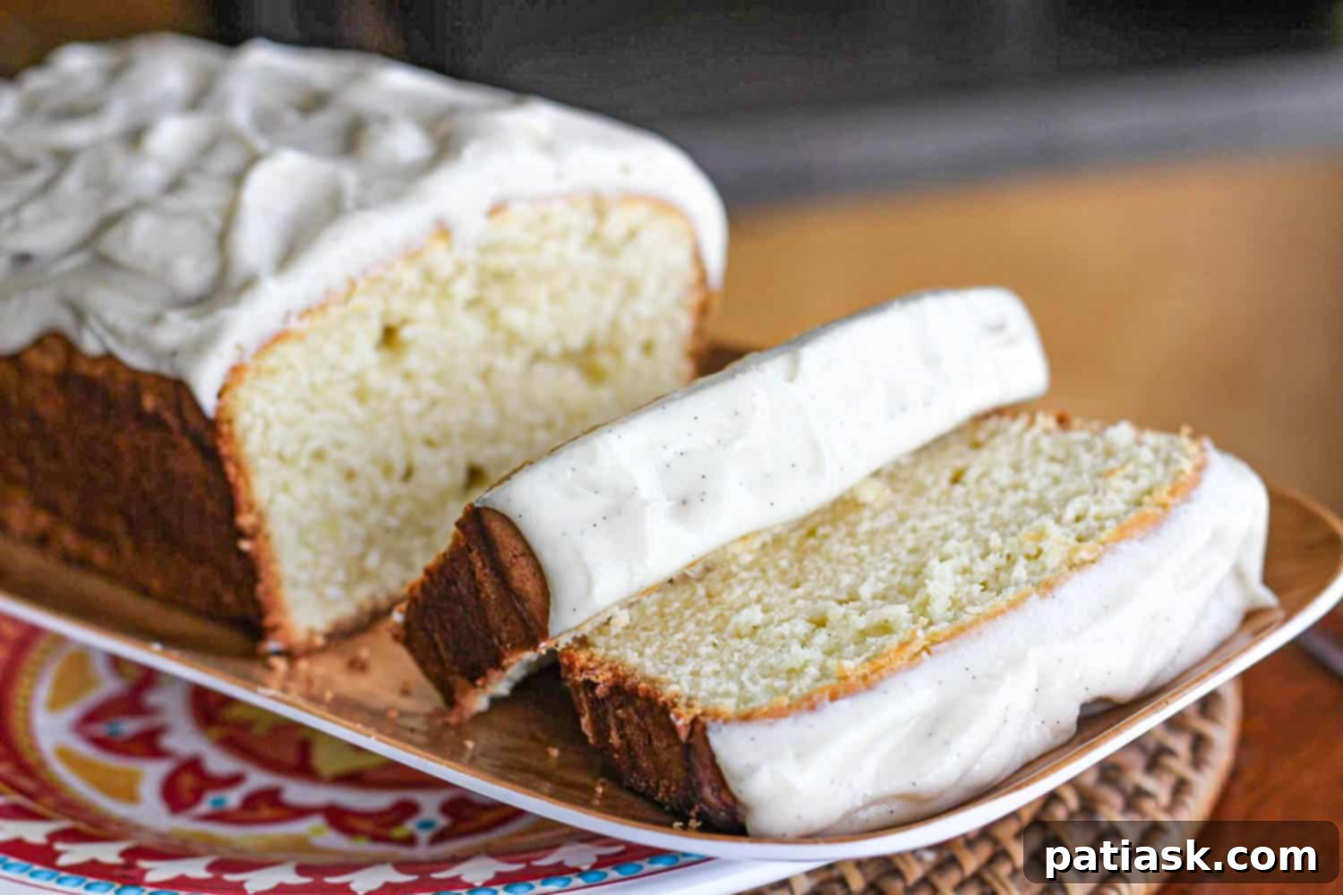 Golden Vanilla Pound Cake with Velvety Vanilla Bean Frosting 2 Rich and moist Vanilla Bean Cream Cheese Pound Cake with Vanilla Bean Frosting, baked to perfection.
