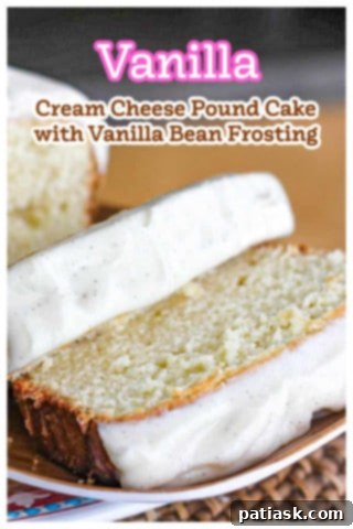 Golden Vanilla Pound Cake with Velvety Vanilla Bean Frosting 10 A perfectly frosted Vanilla Cream Cheese Pound Cake with visible vanilla bean specks.