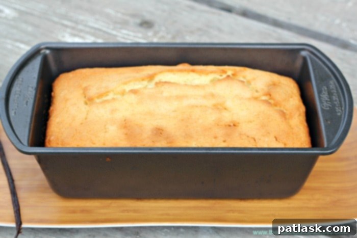 Golden Vanilla Pound Cake with Velvety Vanilla Bean Frosting 4 Two slices of Vanilla Bean Cream Cheese Pound Cake Loaf on a plate, with a fork.