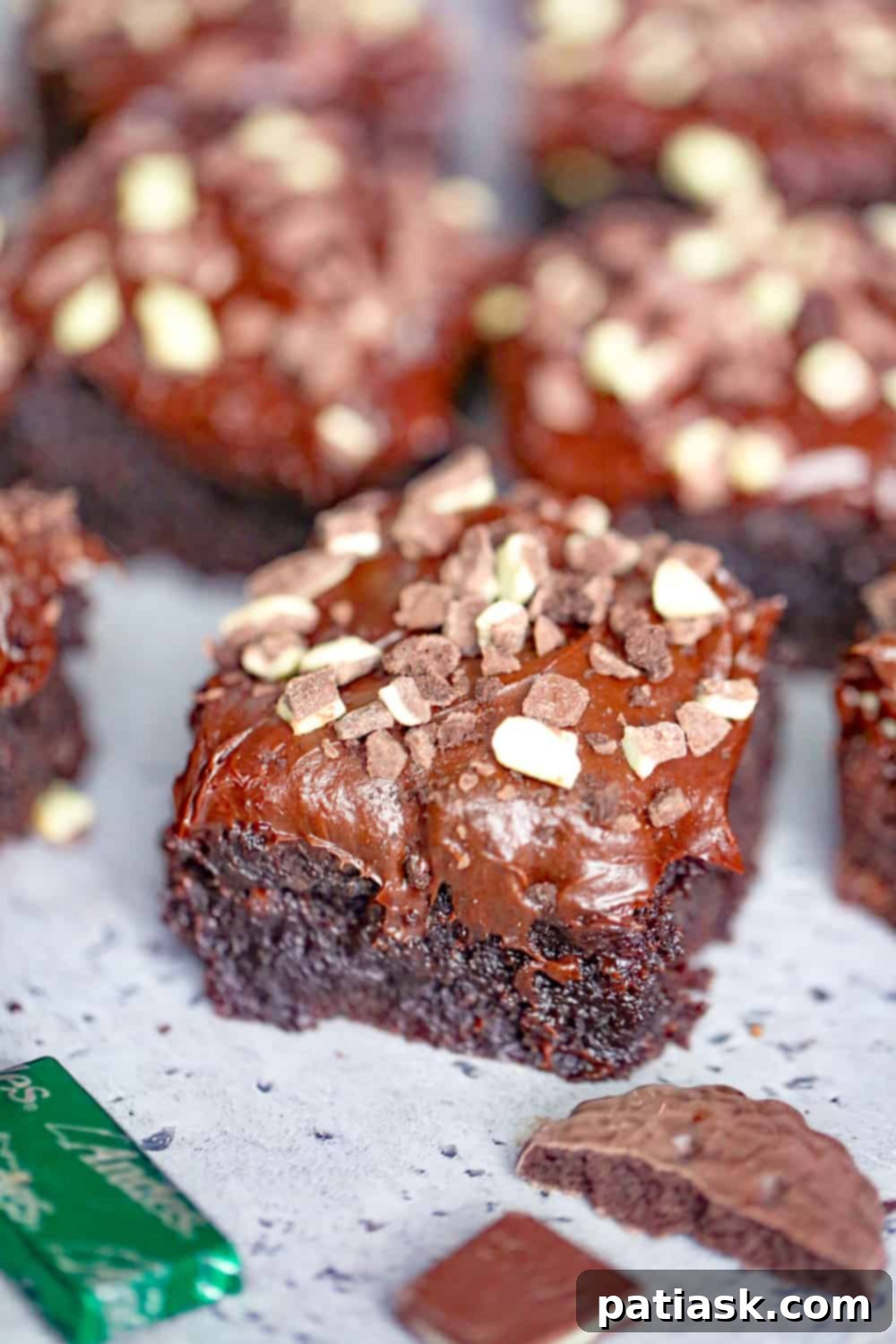 Quick Thin Mint Andes Chocolate Brownie Bars 7 Close-up of brownies with thin mints and Andes mints