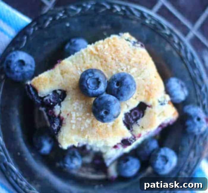 Buttermilk Blueberry Jubilee Cake 3 Close-up of a slice of Buttermilk Blueberry Explosion Cake showing the juicy blueberries.