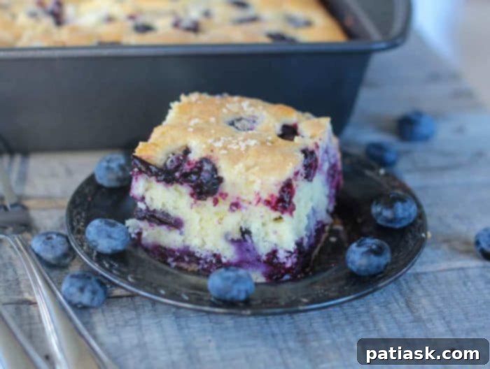 Buttermilk Blueberry Jubilee Cake 5 Buttermilk Blueberry Explosion Cake, a top-down view of the cake in a square pan.