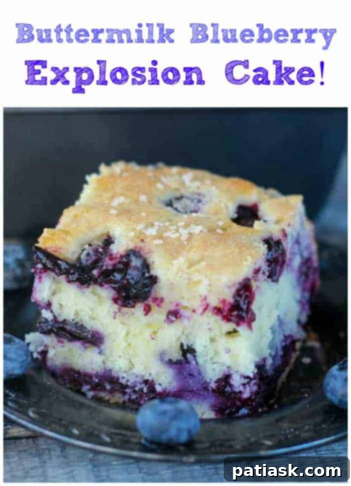 Buttermilk Blueberry Jubilee Cake 7 Buttermilk Blueberry Explosion Cake with a slice removed, showing the fluffy interior.