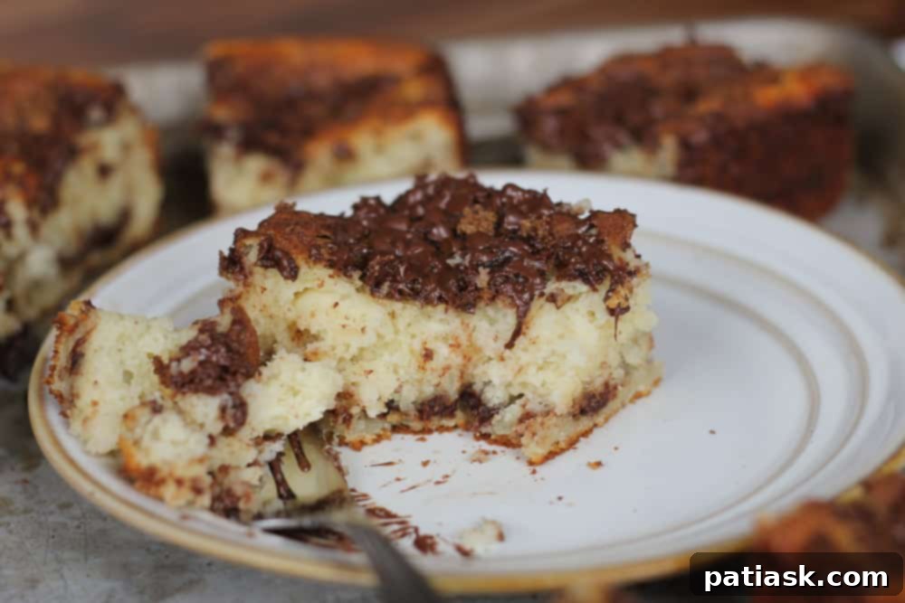 Bisquick Chocolate Cinnamon Greek Yogurt Banana Coffee Cake served on a plate with coffee