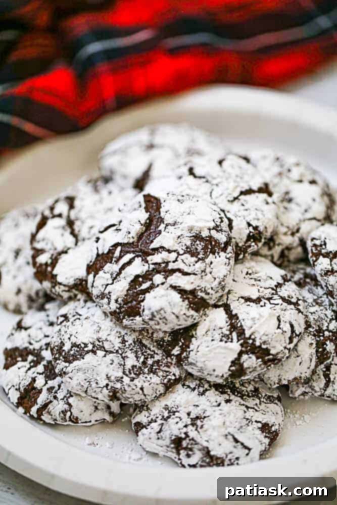 Cracked Chocolate Fudge Delights 8 Chocolate Crinkle Cookies with a dusting of powdered sugar, close-up texture.