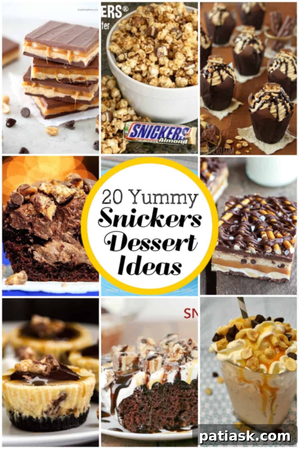 A vibrant collage of various Snickers dessert ideas, showcasing cakes, cookies, and other sweet treats.