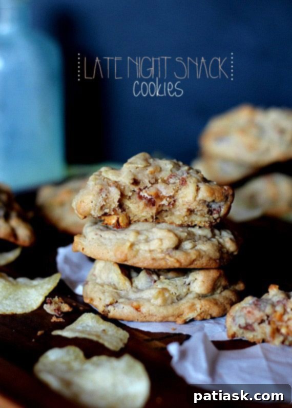 Late Night Snack Cookies with Snickers and potato chips, offering a perfect sweet and salty balance.