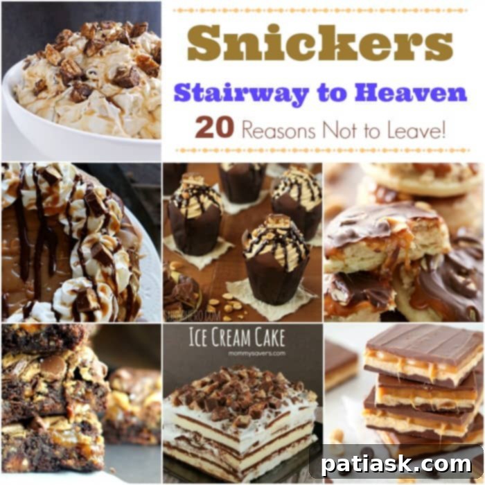 A beautiful collage of various Snickers dessert creations, showcasing the diverse ways to enjoy the candy bar.
