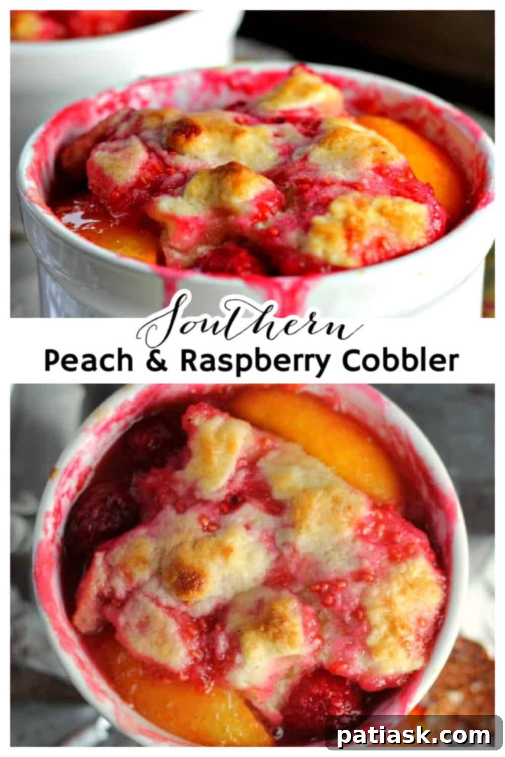 Southern Peach Raspberry Cobbler for Two 7 Styled photo of a single serving of Southern Peach & Raspberry Cobbler with a spoonful taken out, revealing the fruit filling.