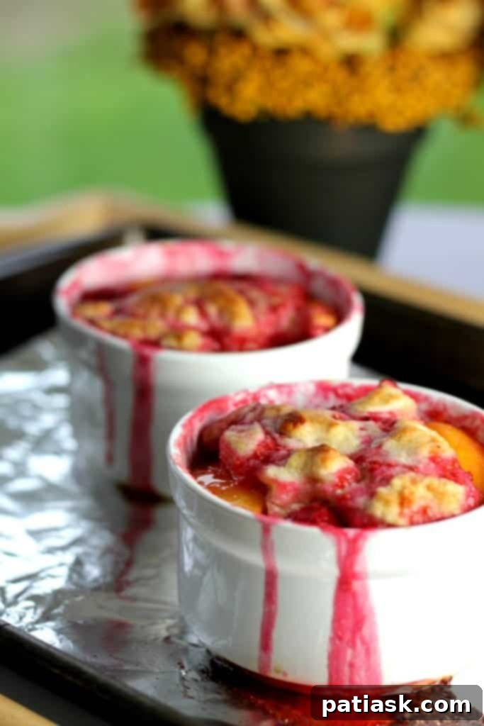 Southern Peach Raspberry Cobbler for Two 4 Close-up of baked Southern Peach & Raspberry Cobbler showing the bubbly fruit filling and tender biscuit topping.