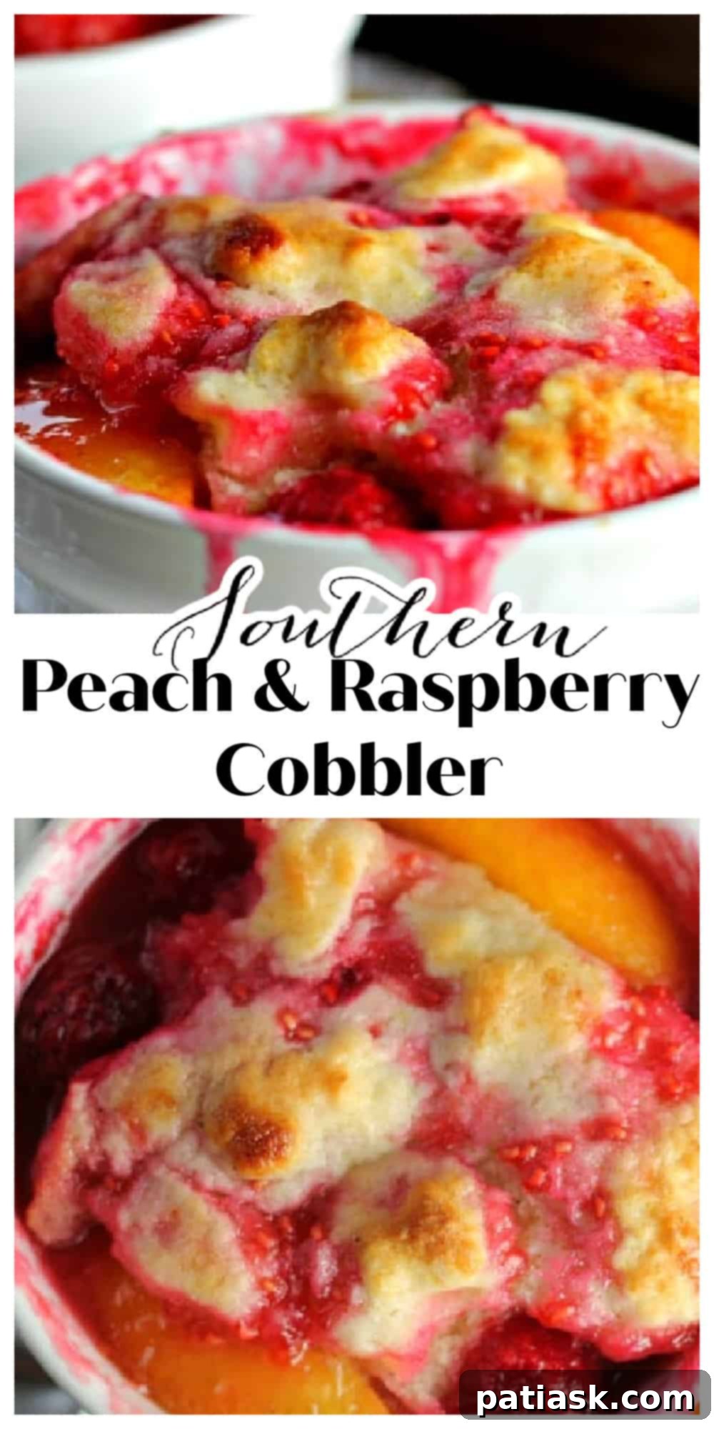 Southern Peach Raspberry Cobbler for Two 6 Large image of Southern Peach & Raspberry Cobbler on a wooden surface, highlighting its rustic appeal.