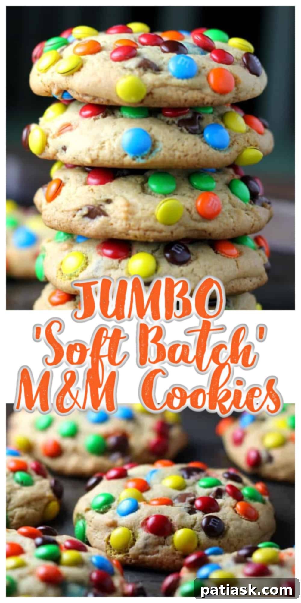 Various images showcasing the jumbo soft batch M&M cookies, including close-ups and stacks.