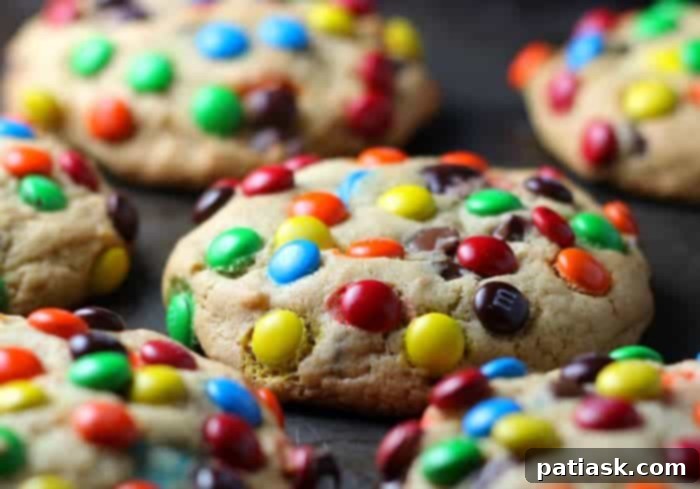 Delicious soft batch M&M cookies cooling on a wire rack, showing their thick, chewy centers and colorful candy bits.