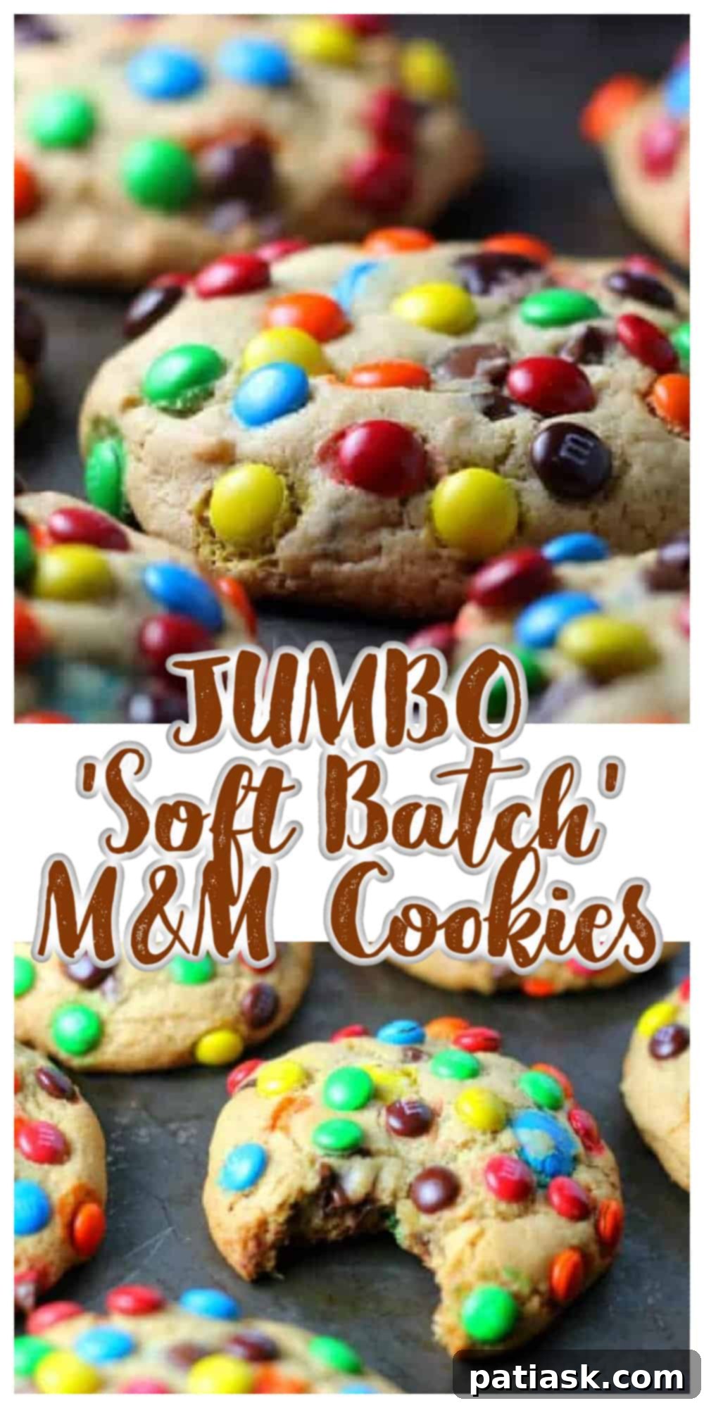 Promotional graphic for the soft batch M&M cookie recipe, perfect for social media sharing.