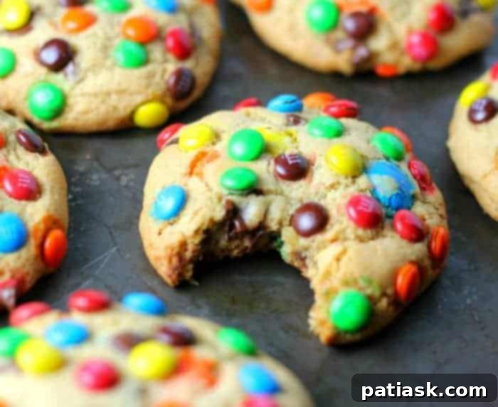 Fluffy jumbo M&M cookies with perfectly melted chocolate, showcasing the soft batch cookie recipe texture.