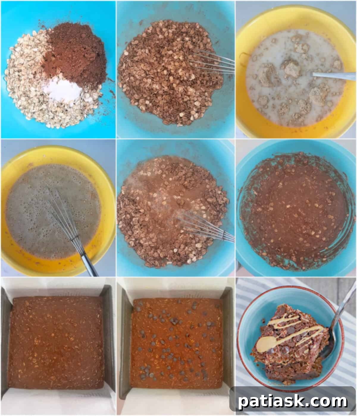 Healthy Chocolate Baked Oatmeal Brownie 5 Slice of healthy brownie oatmeal with peanut butter drizzle