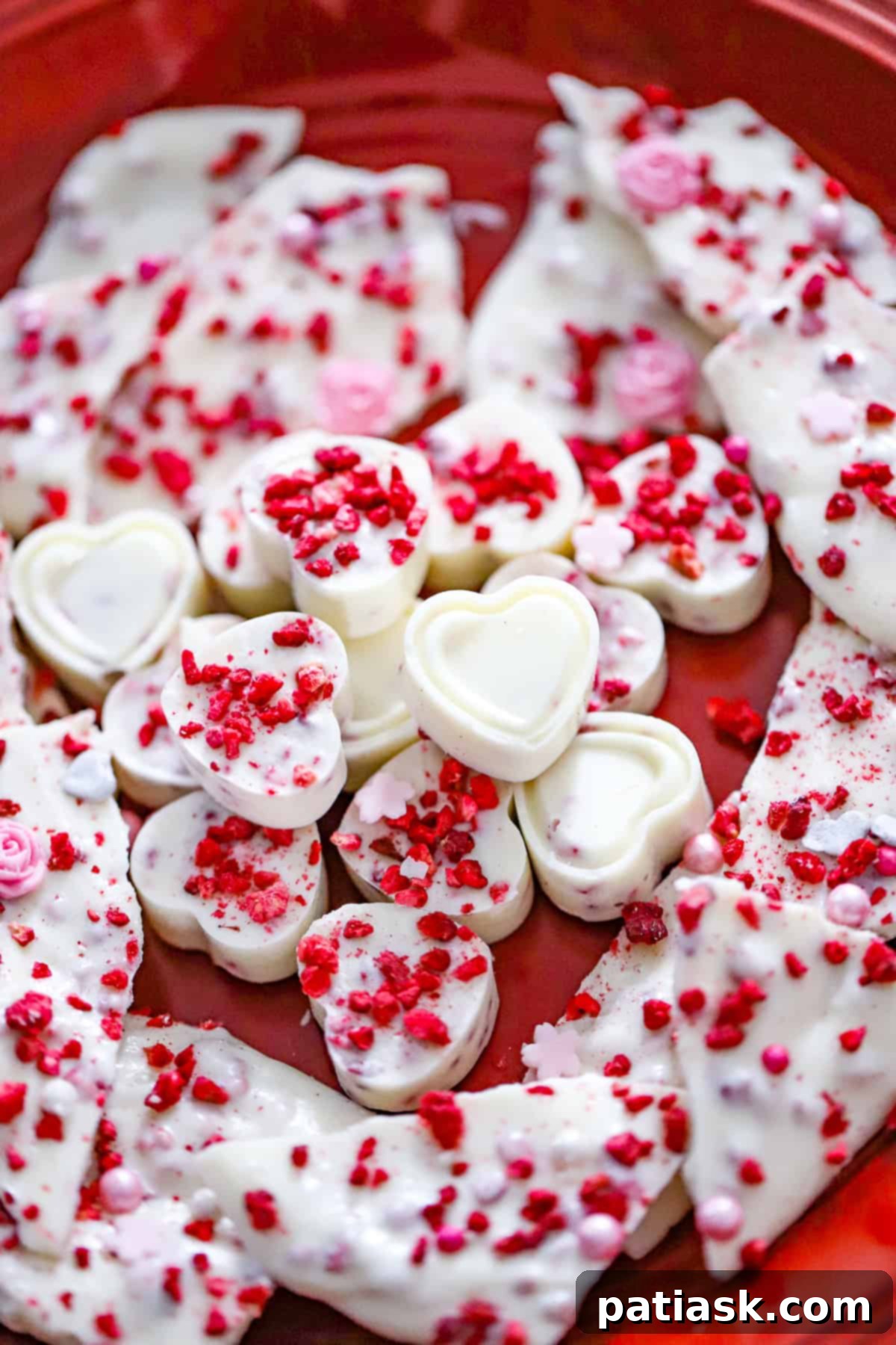 Raspberry White Chocolate Valentine's Day Delights 2 White chocolate raspberry hearts in a pink gift box for Valentine's Day