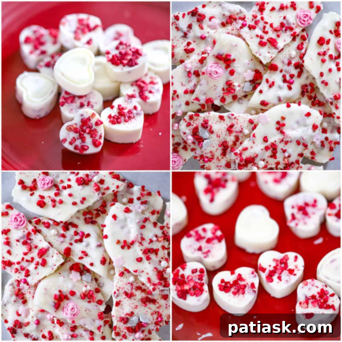 Raspberry White Chocolate Valentine's Day Delights 4 White chocolate raspberry bark broken into pieces showing pink raspberry bits