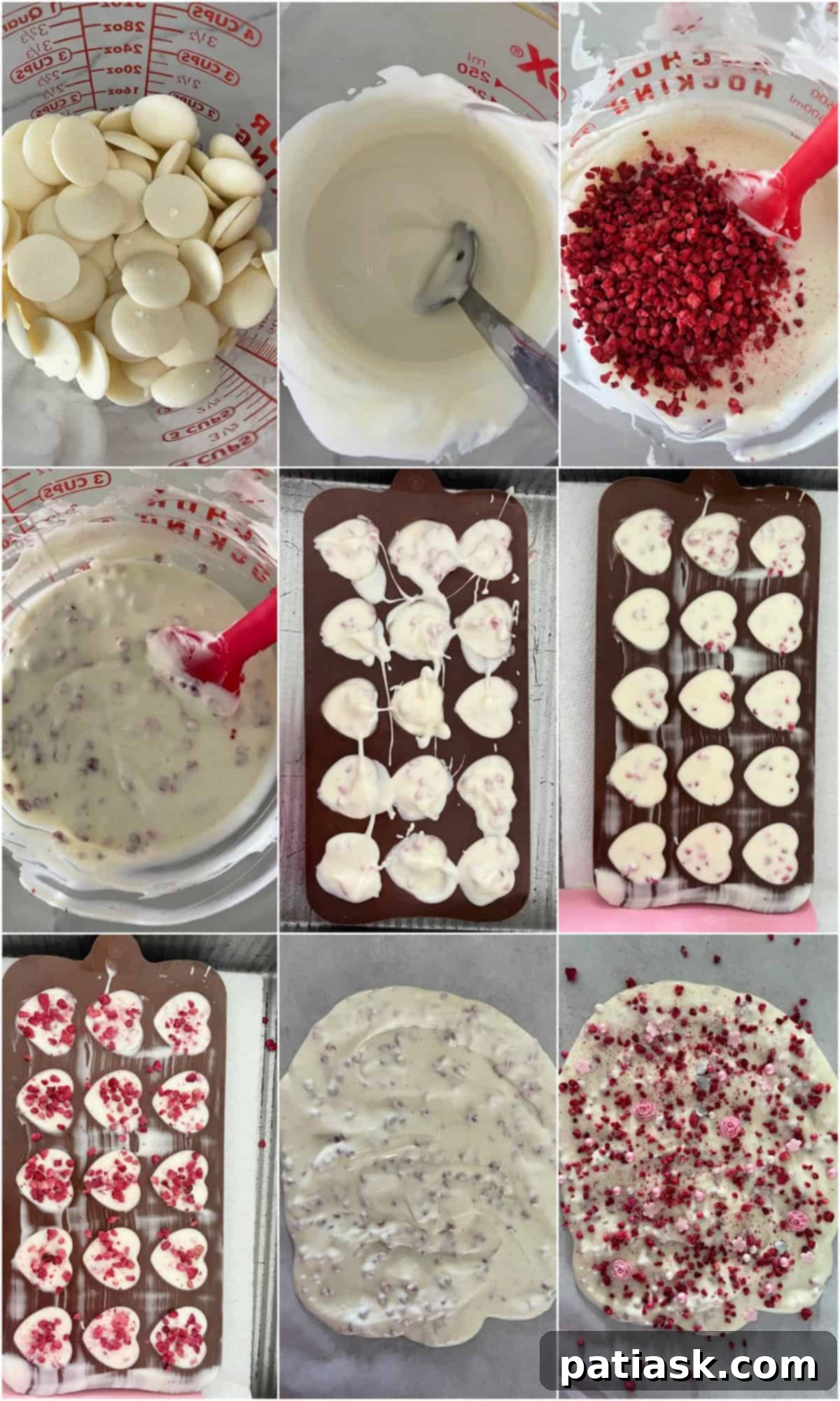 Raspberry White Chocolate Valentine's Day Delights 5 Easy white chocolate bark with freeze-dried raspberries on parchment paper
